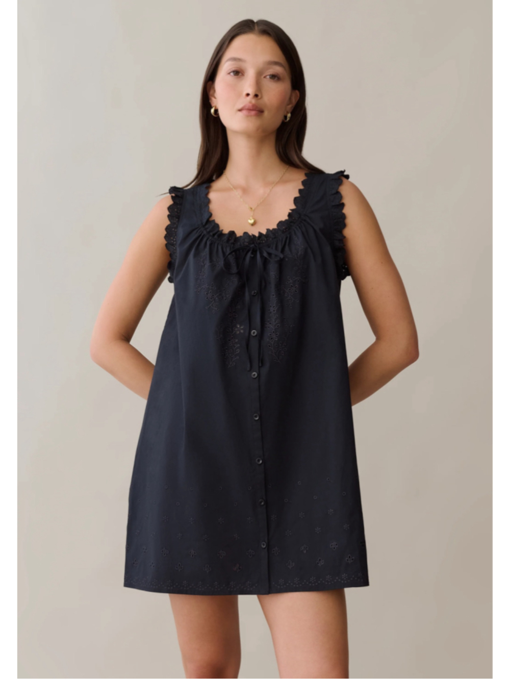 Women's sorella Caroline Cotton Dress Black Sleeveless Eyelet Mini Dress Size M